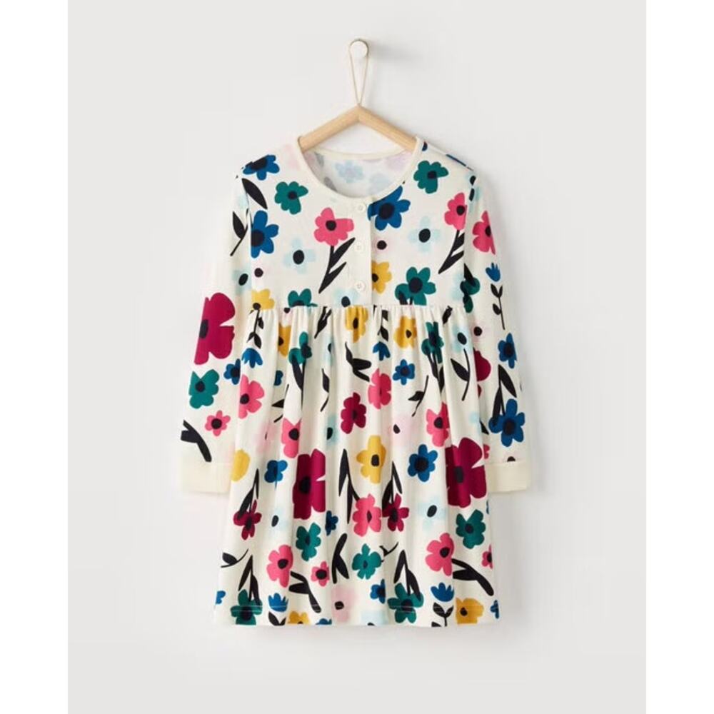 Hanna Andersson Girls Ecru Floral Cotton Dress Button Detail Size 120 (US 6/7)